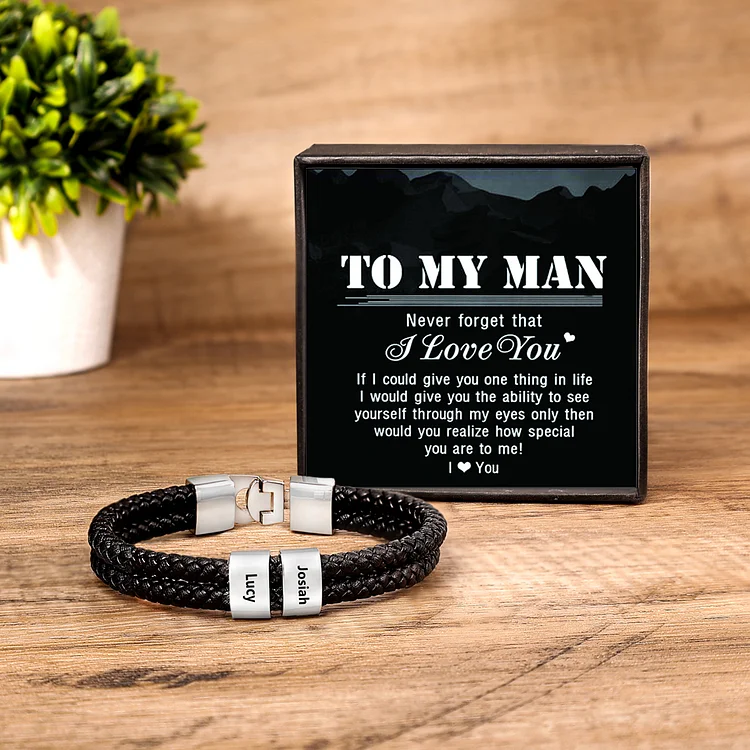 2 Names-Personalized To My Man Braided Leather Bracelet Set With Gift Card Gift Box-Custom Men's Bracelet Engraved 2 Names for Him