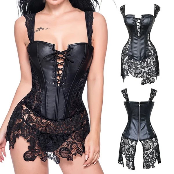 Lady Faux Leather Lace Up Costume Top Back Goth Christmas Fancy Dress