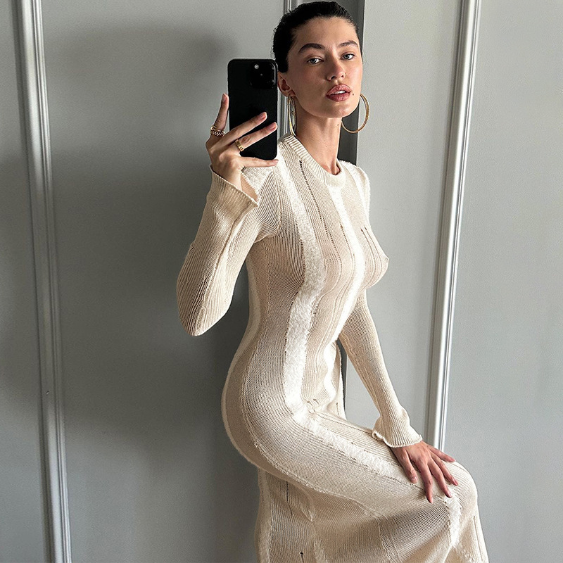 Ootddress Knitwear Hollow Out Solid Maxi Dress For Women See-Through High Waist Loose Knit Autumn Dress Fashion Elegant Party Dress