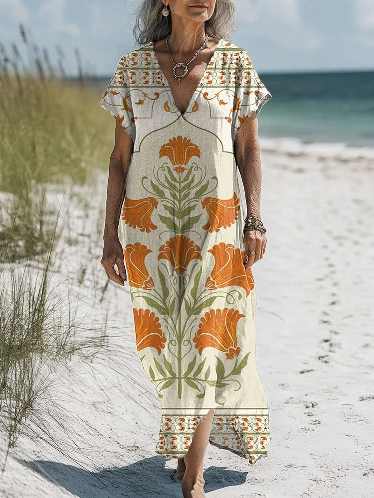 Women's Retro Floral Art  Print Pocket Cotton Dress