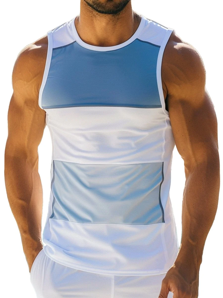 Wide Stripe Printed Round Neck Sports Tank Top