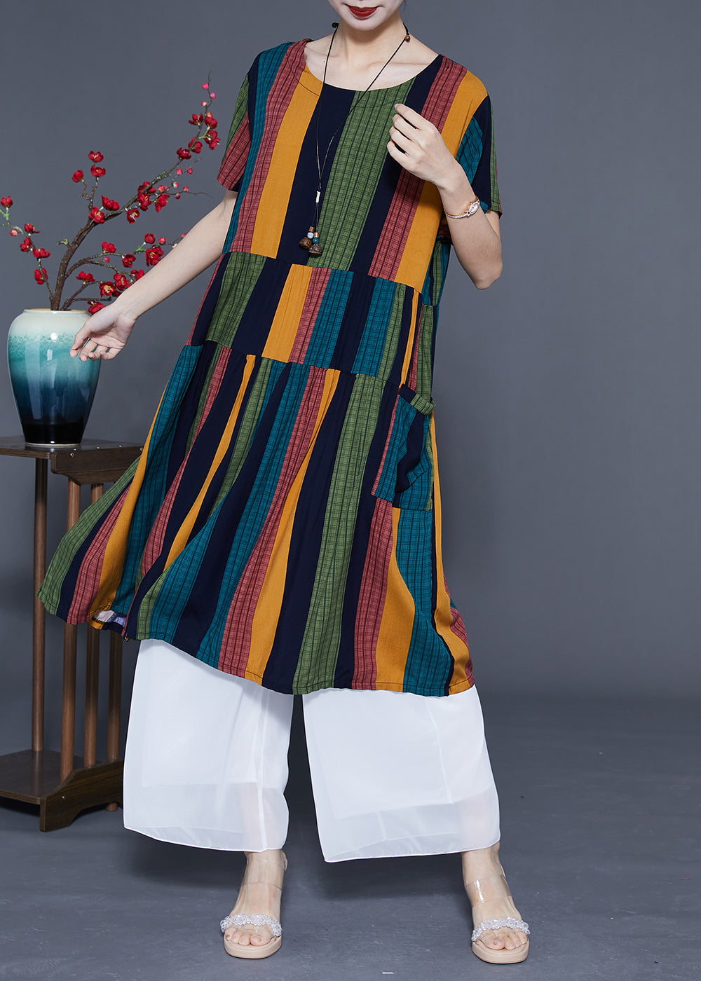 VCSHOES Colorblock Oversized Patchwork Striped Cotton Maxi Dresses Summer