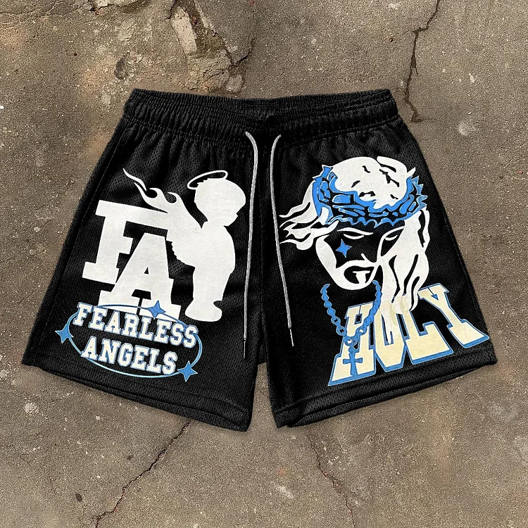 Vintage Fearless Angel Holy Jesus Graphic Casual Street Mesh Shorts