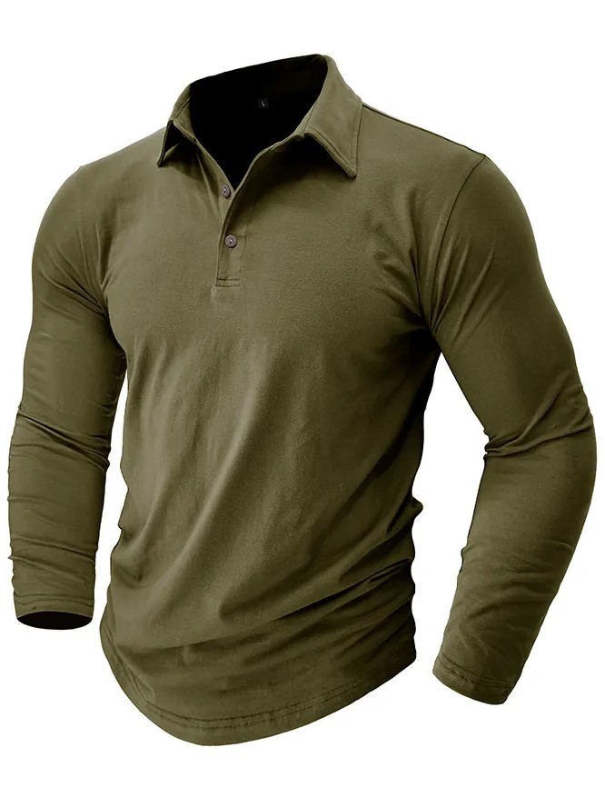 Men's Pure Cotton Solid Color Basic Simple Henley Polo Long Sleeve Top PLUSCLOTHESMAN