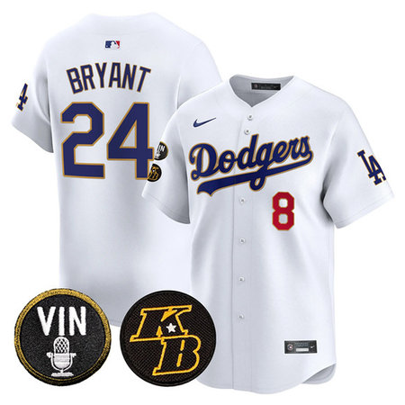 Men's Los Angeles Dodgers #24 Kobe Bryant White 2026 Vin & Kobe Patch Gold Trim Vapor Premier Limited Stitched Baseball Jersey