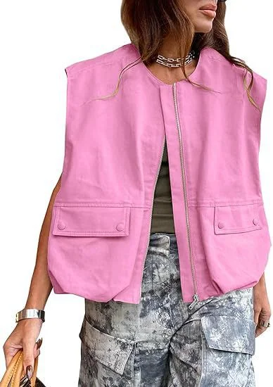 Nigikala Nigikala New Sleeveless Pocket Loose Vest Zipper Coat Woman