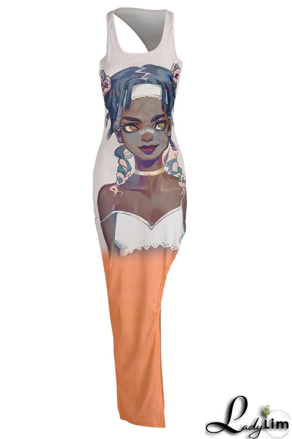 Orange Sexy Print Split Joint Slit O Neck Straight Dresses