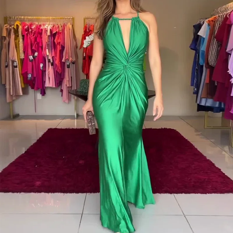 Toloer Toloer Autumn New Solid Color Fashion Hanging Neck Fold Design Temperament Hot Girl Dress-Outfit Ideas