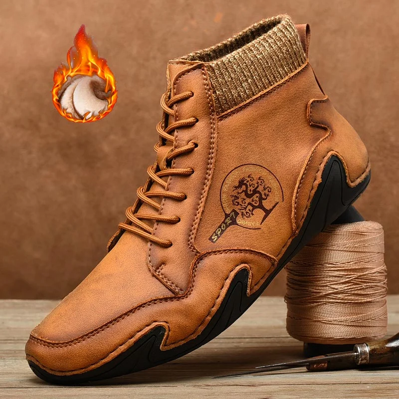 Nine o'clock Autumn Leather Vintage Men Boots Fashion Street High-top Shoes Winter Warm Lined Handmade Lace-up Botas de hombre