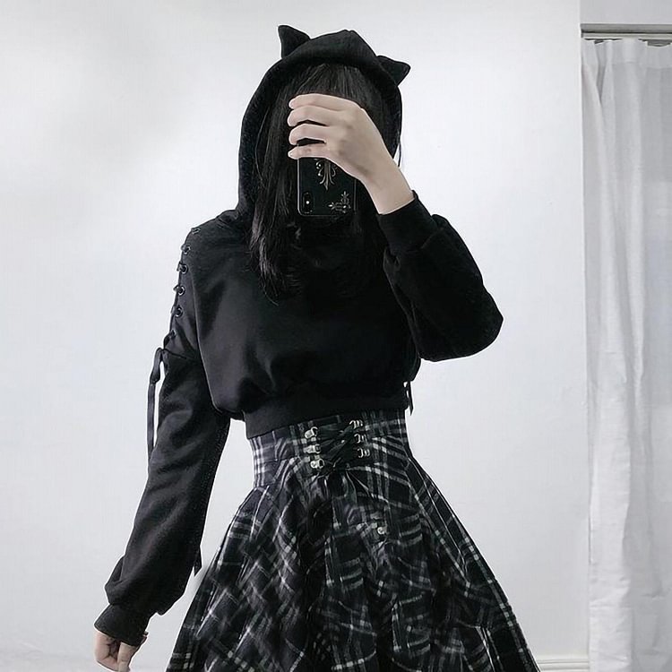 GOTH LONG SLEEVE CAT EARS BLACK HOODIE