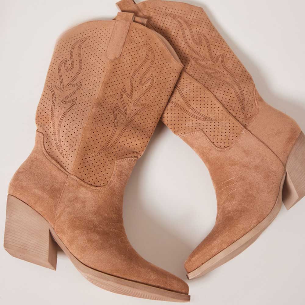Nude Vegan Suede Embroidered Mid-Calf Western Boots for Women