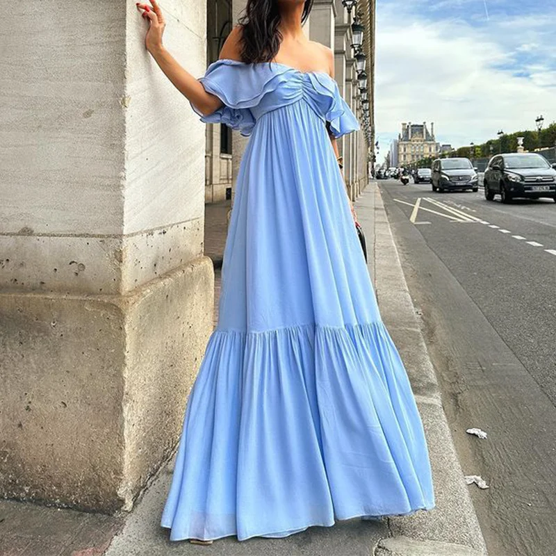 Woherb Woherb Spot 2024 Summer New Female Temperament Solid Color One-Word Shoulder Wipe Chest In The Long Dress-Outfit Ideas