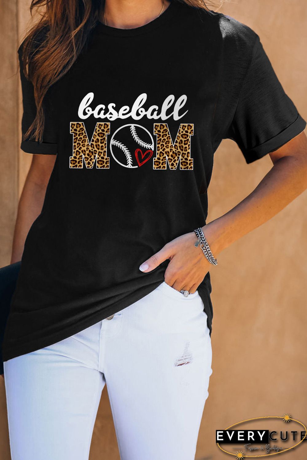 Black Casual Mama Letter Print Leopard Graphic Tee