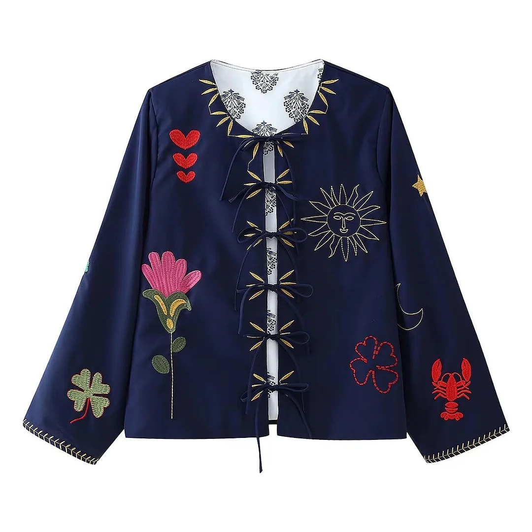 Woherb Woherb 2024 New Women's Fashion Casual Versatile Lace-Up Embroidered Long Sleeve Coat-Outfit Ideas