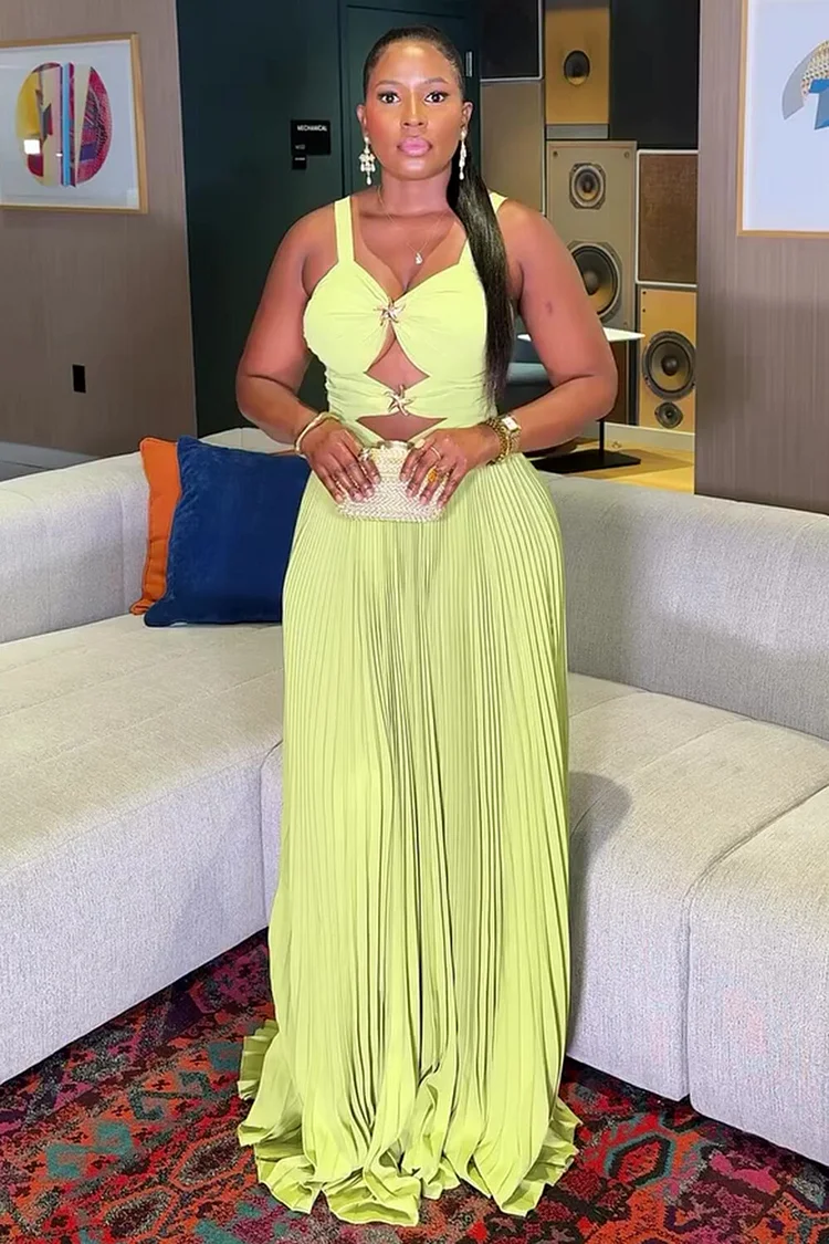 Gathered Cutout Pleated Hem Sleeveless Party Maxi Dresses-Green [Pre Order]