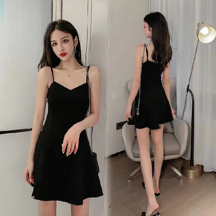 Brownm Brownm New Summer Dress Female With A Bottom To Show Thin Sling A-Word Short Skirt Hepburn Small Black Skirt Small