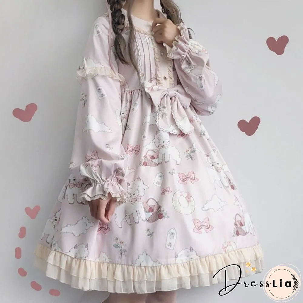 Kawaii Japanese Lolita Vintage dress Lamb Printing women soft girl style cute Princess