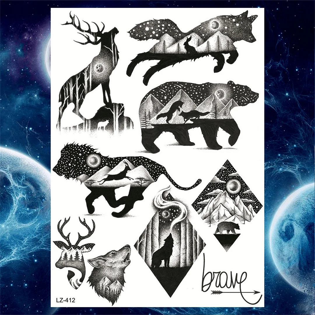 Black Totem Tribal Temporary Tattoos For Men Women Adult KIds Boys Fake Flower Tattoo Sticker Fox Compass Fun Tatoos Cover Scar