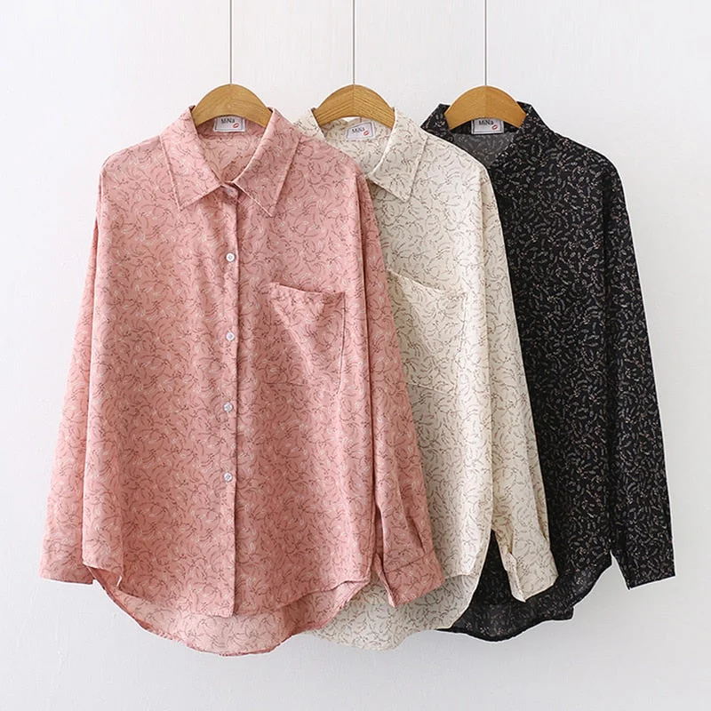 Spring New Women Vintage Loose Letter Floral Shirt Long Sleeve Button Up Chiffon Blouse Turn-Down Collar Autumn Casual Tops T094