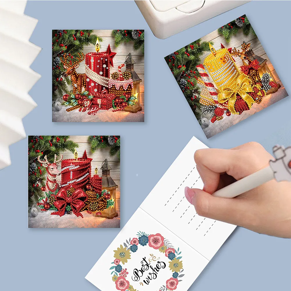 6pcs DIY Christmas Reindeer Candle DIY Diamond Painting Card for Friends Family Gift【With White Envelope】