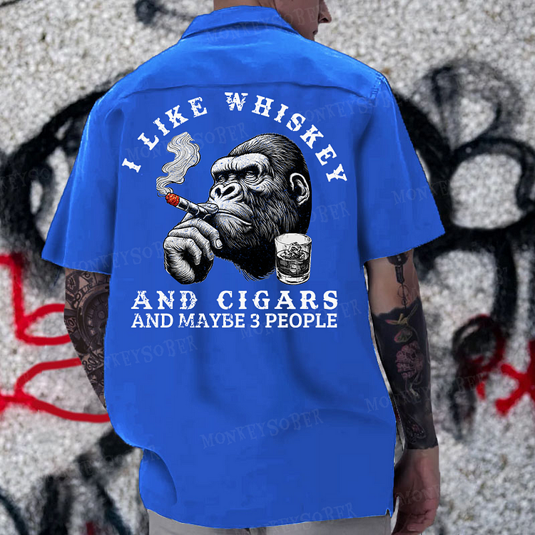 “I Like Whiskey And Cigars And Maybe 3 People” Reversible Printed Button Up Shirt