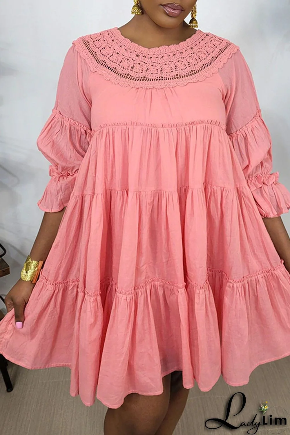 Pink Casual Solid Patchwork O Neck A Line Dresses(Without Lining)