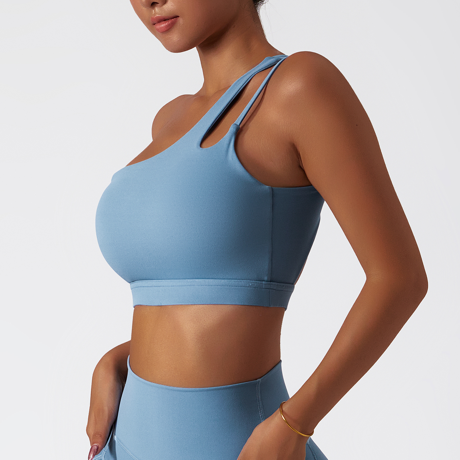 Different types of oblique single shoulder anti slip open back running gym fitness sports bra online shopping on Hergymclothing