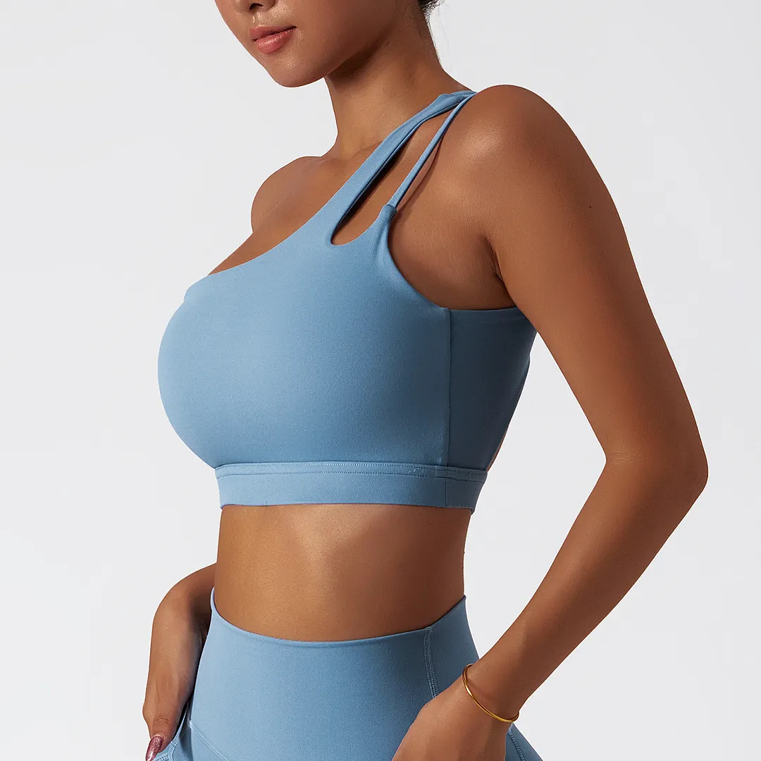 Different types of oblique single shoulder anti slip open back running gym fitness sports bra online shopping on Hergymclothing
