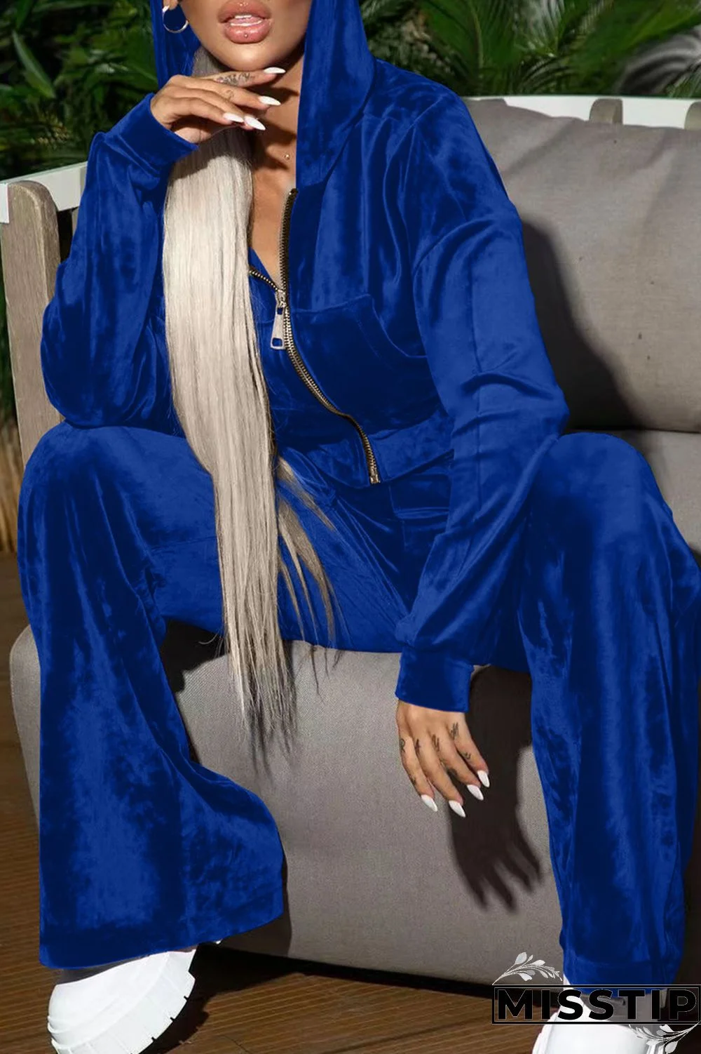 Blue Casual Solid Patchwork Hooded Collar Long Sleeve Three-piece Set