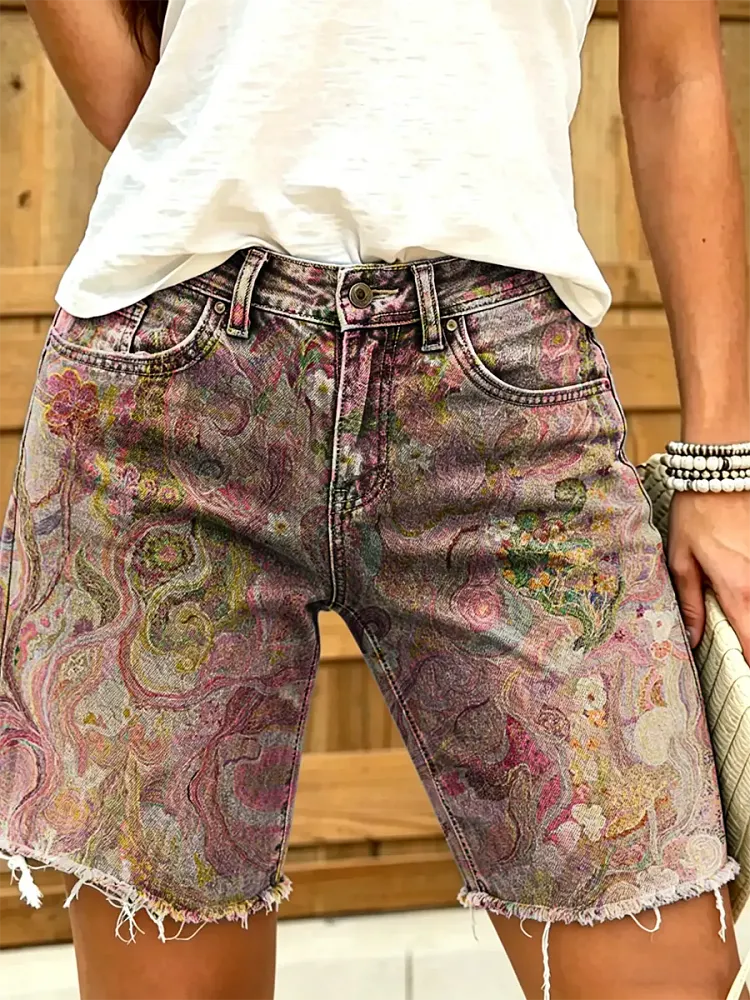 Women's Vintage Floral Print Denim Shorts