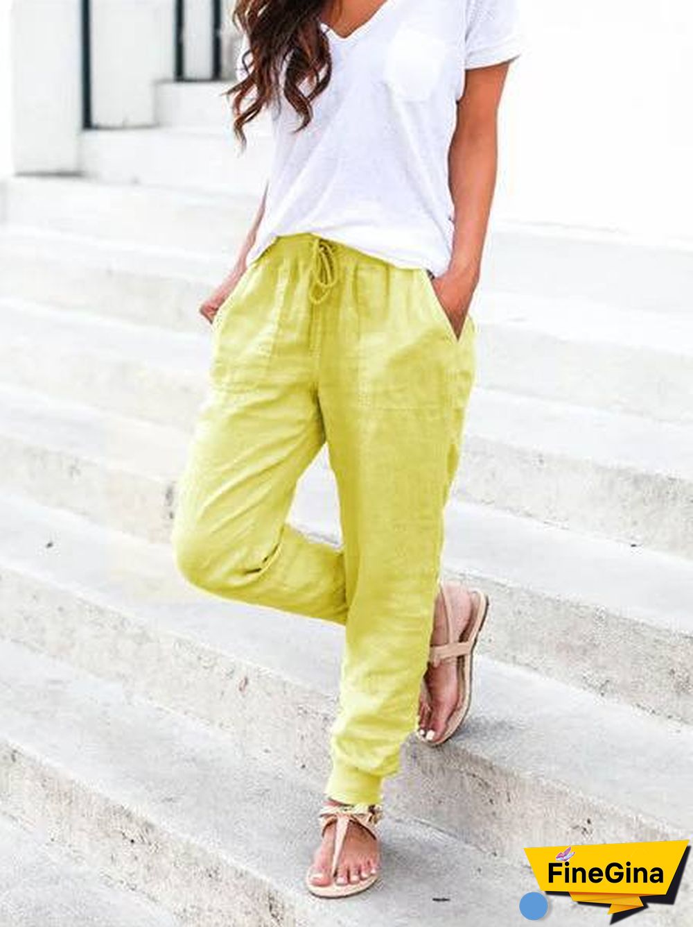 Solid Drawstring Casual Linen Pants Women Trousers