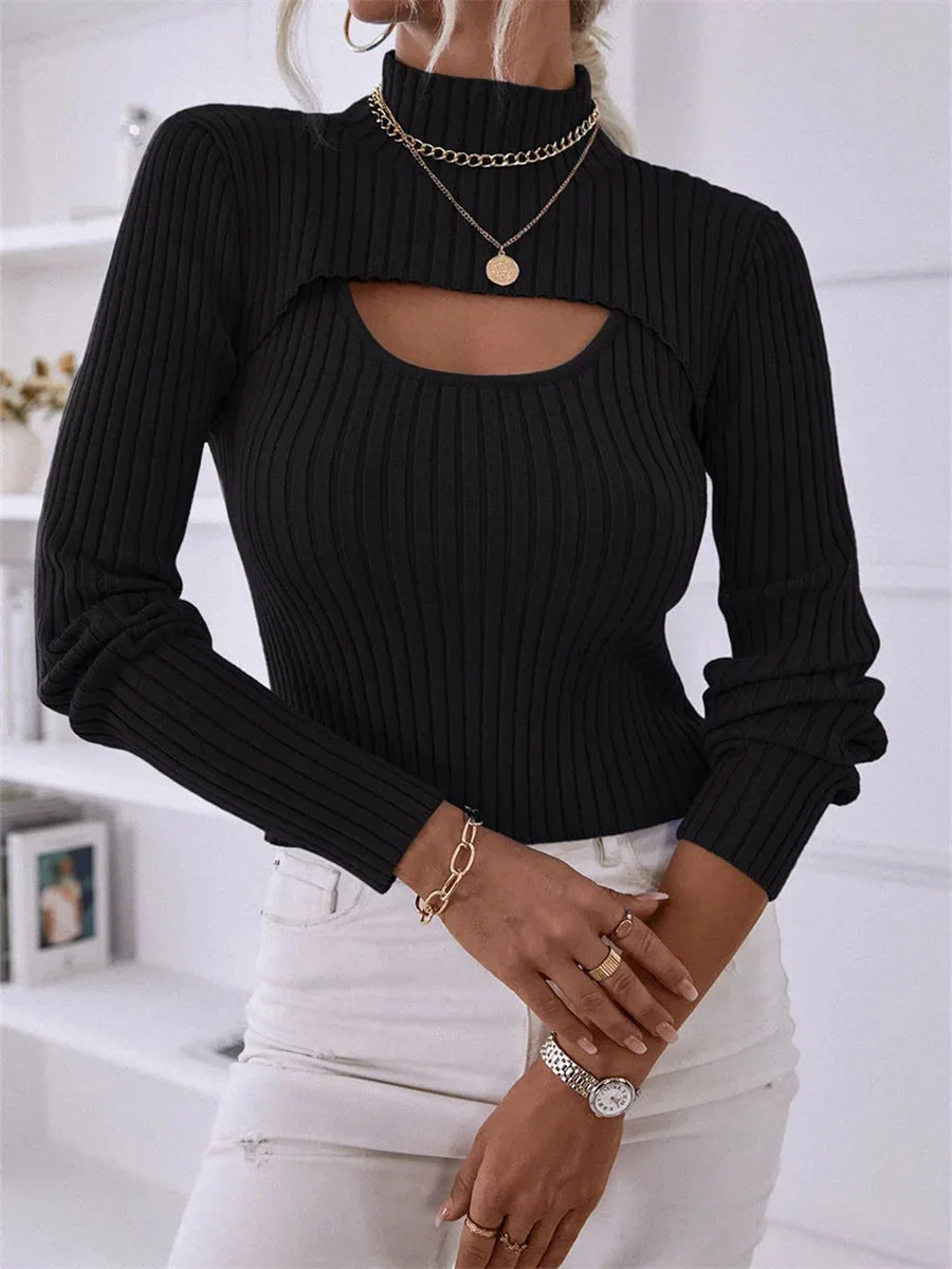 Oocharger Women Knit Two-Piece Sweater Set Autumn Office Lady High Neck Long Sleeve Crop Tops+Ribbed Sling Vest Knitwear Outfit