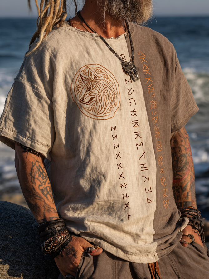 Men's Vintage Viking Distressed Wolf & Rune Design Linen Shirt / Rvogue / Rvogue