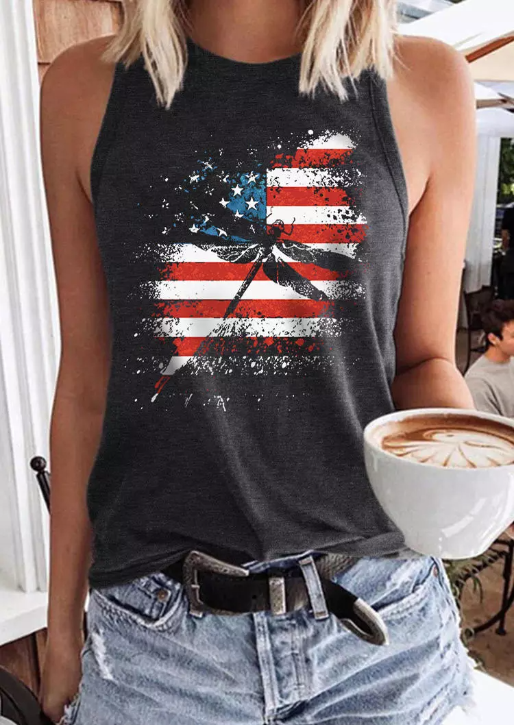 Dragonfly American Flag O-Neck Racerback Tank - Dark Grey