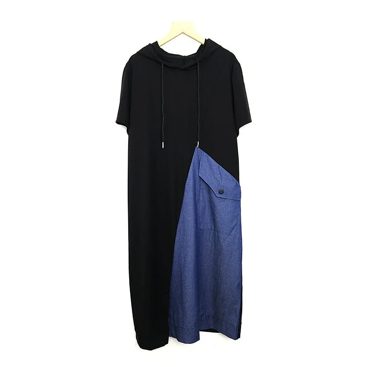 Street Style Hooded Patchwork Pocket Short Sleeve Dress      
