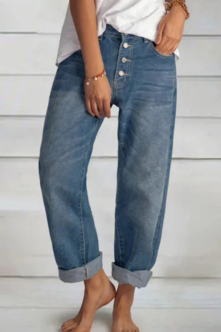 Plus Size Casual Blue Denim Pockets Button Straight Leg Pants  Flycurvy [product_label]