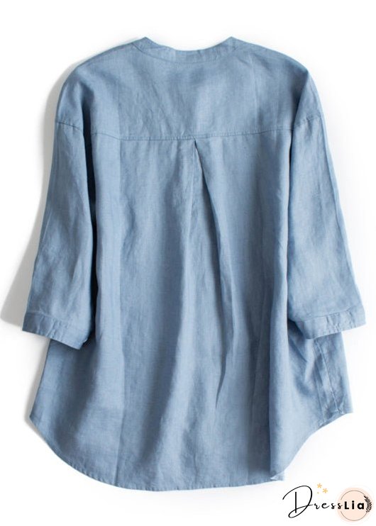 Simple Yellow O Neck Button Linen Blouses Bracelet Sleeve