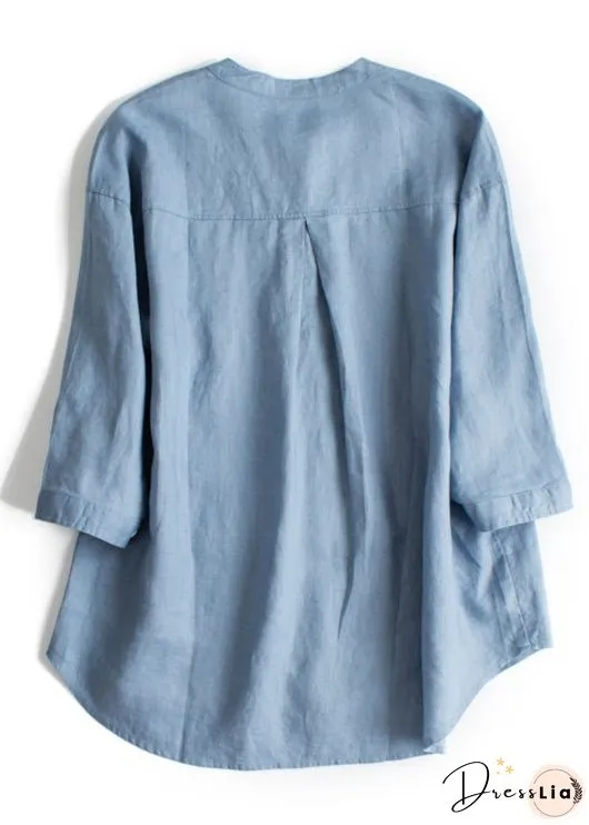 Simple Yellow O Neck Button Linen Blouses Bracelet Sleeve