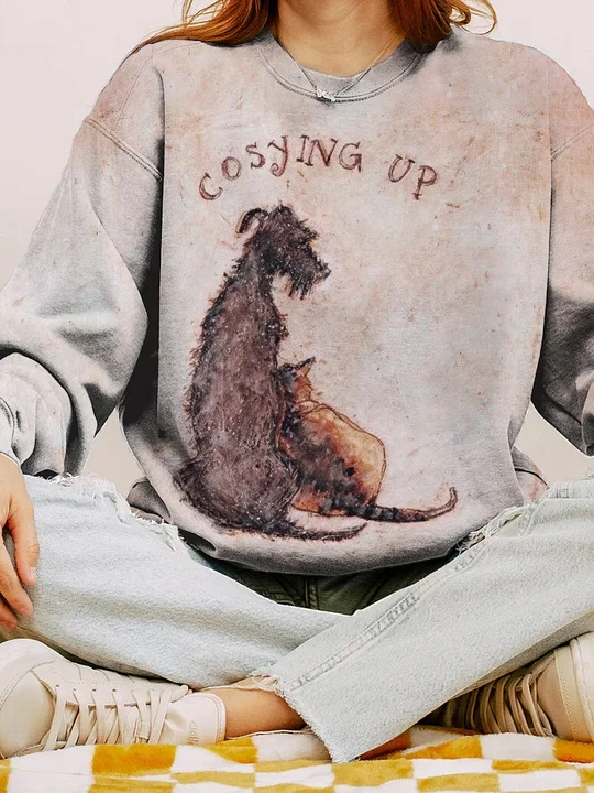 Cosying Up Dog & Cat Print Casual Cozy Sweatshirt