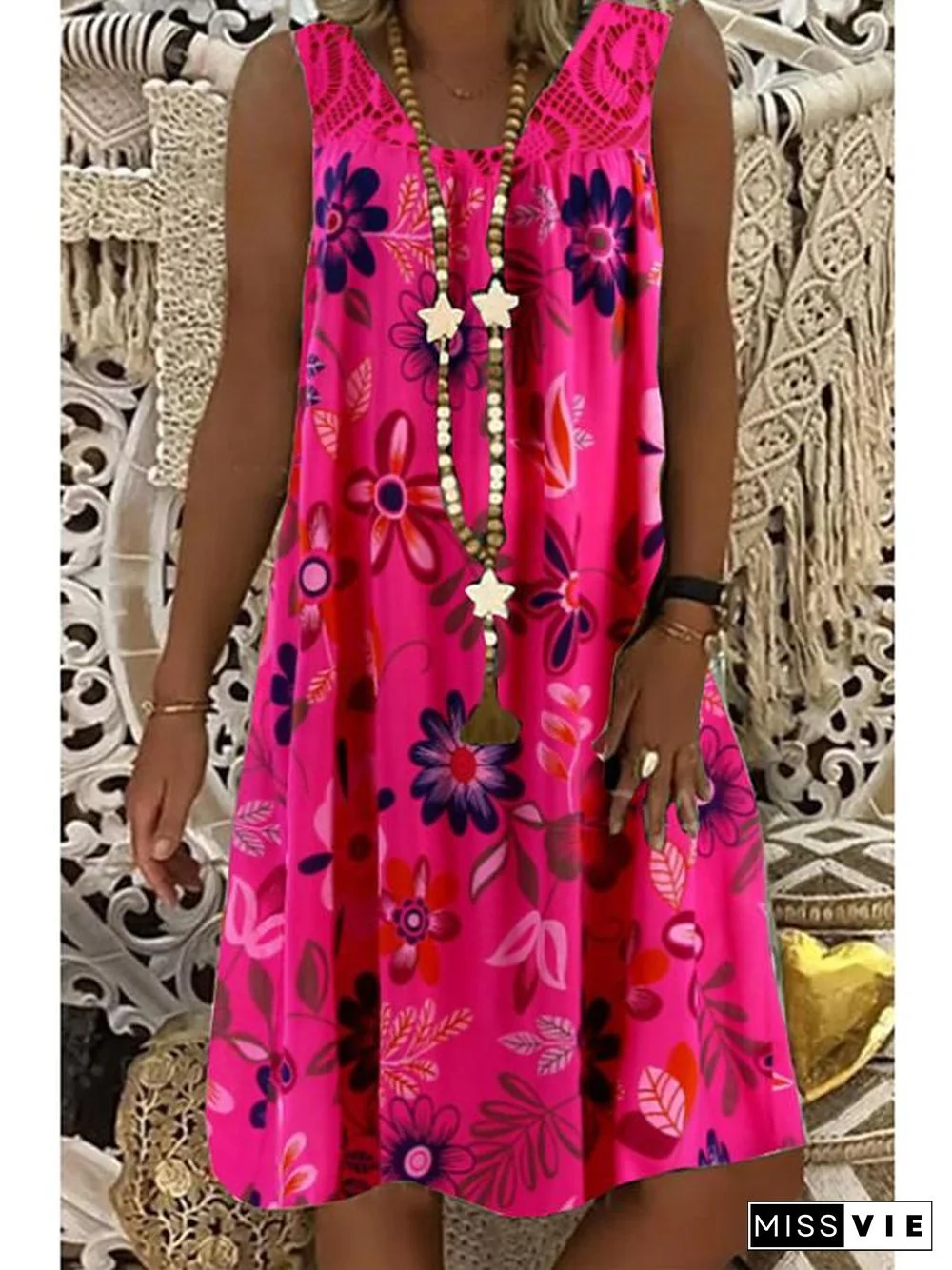 Women's Shift Dress Knee Length Dress - Sleeveless Floral Lace Print Summer Plus Size Mumu Beach Vacation Dress