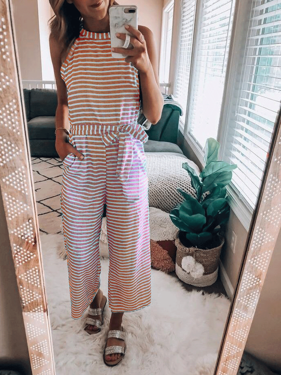 Round Neck Stripe Sexy Jumpsuit