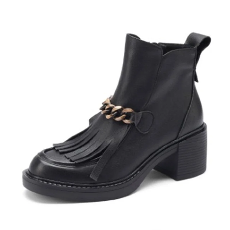 Women's Ankle Boots Zipper-Sid Metal Decoration Fringe Platform Women Shoes Retro Crude Heel Sewing High Quality Female Boots
