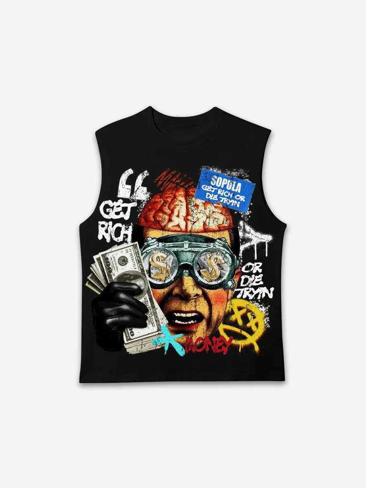 Vintage Get Rich Money Portrait Print Vests