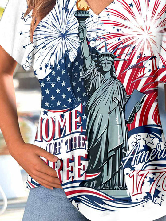Women Short Sleeve V-neck National Flag Printed Printed Graphic Button Tops