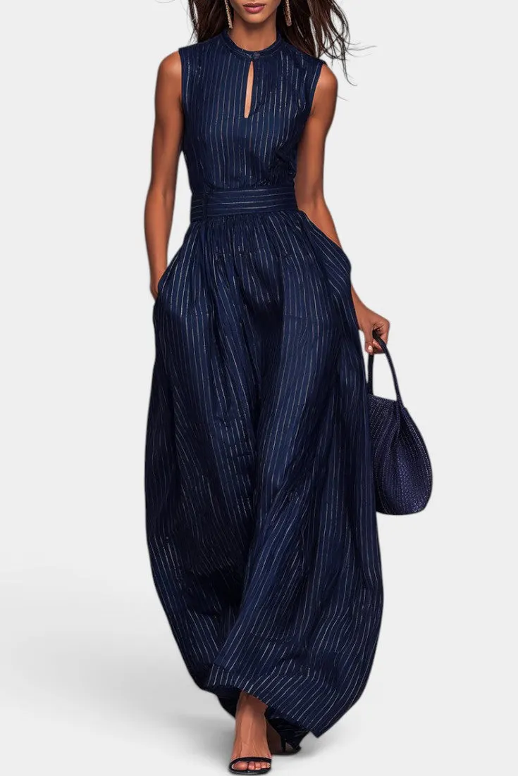 High Neck Striped Jumpsuit with Draped Wide-Leg Trousers