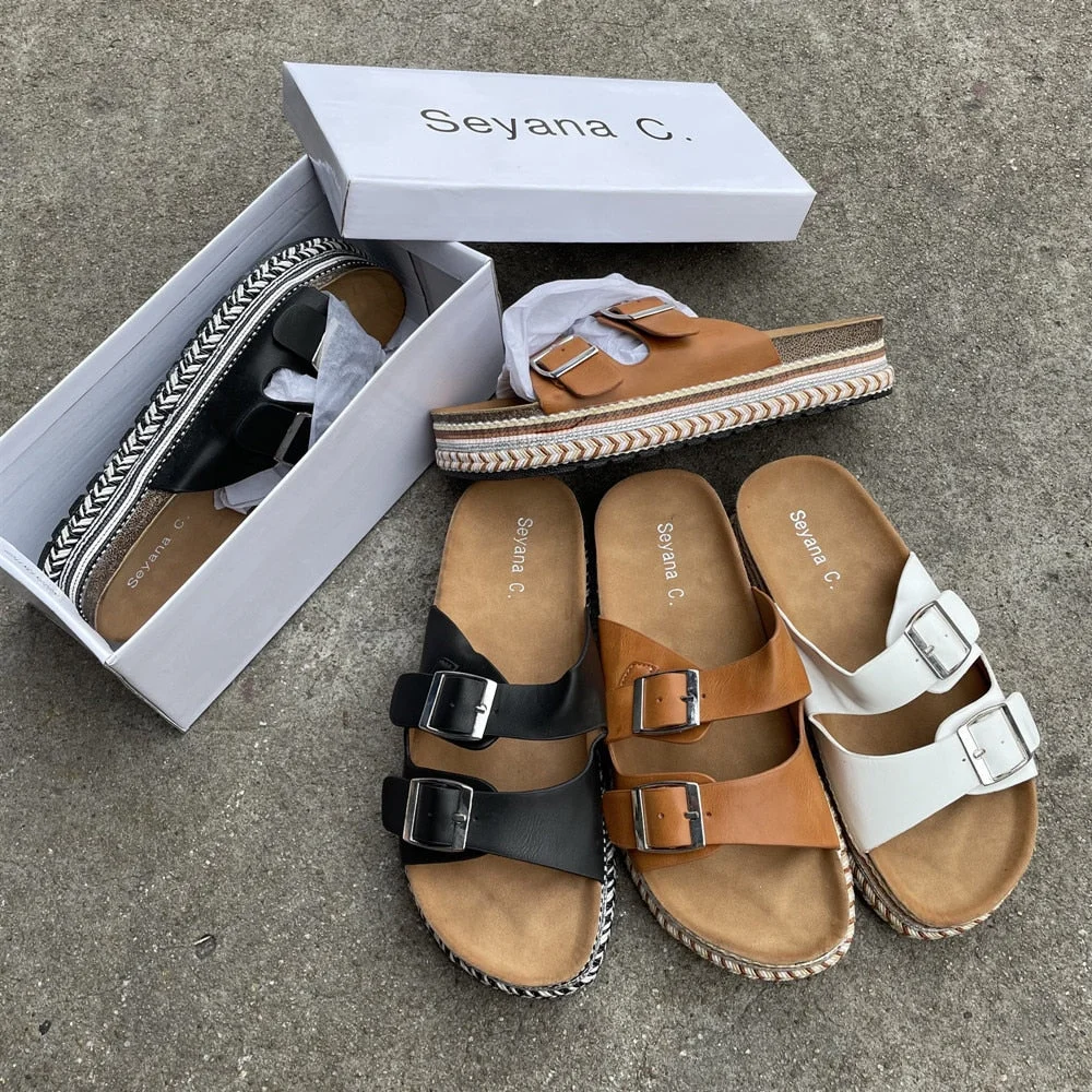 Spanish Foreign Trade New Slippers Open Toe Hollow Flat Belt Buckle All-Matching Graceful Sping Sandal Non-Slip Soft Bottom