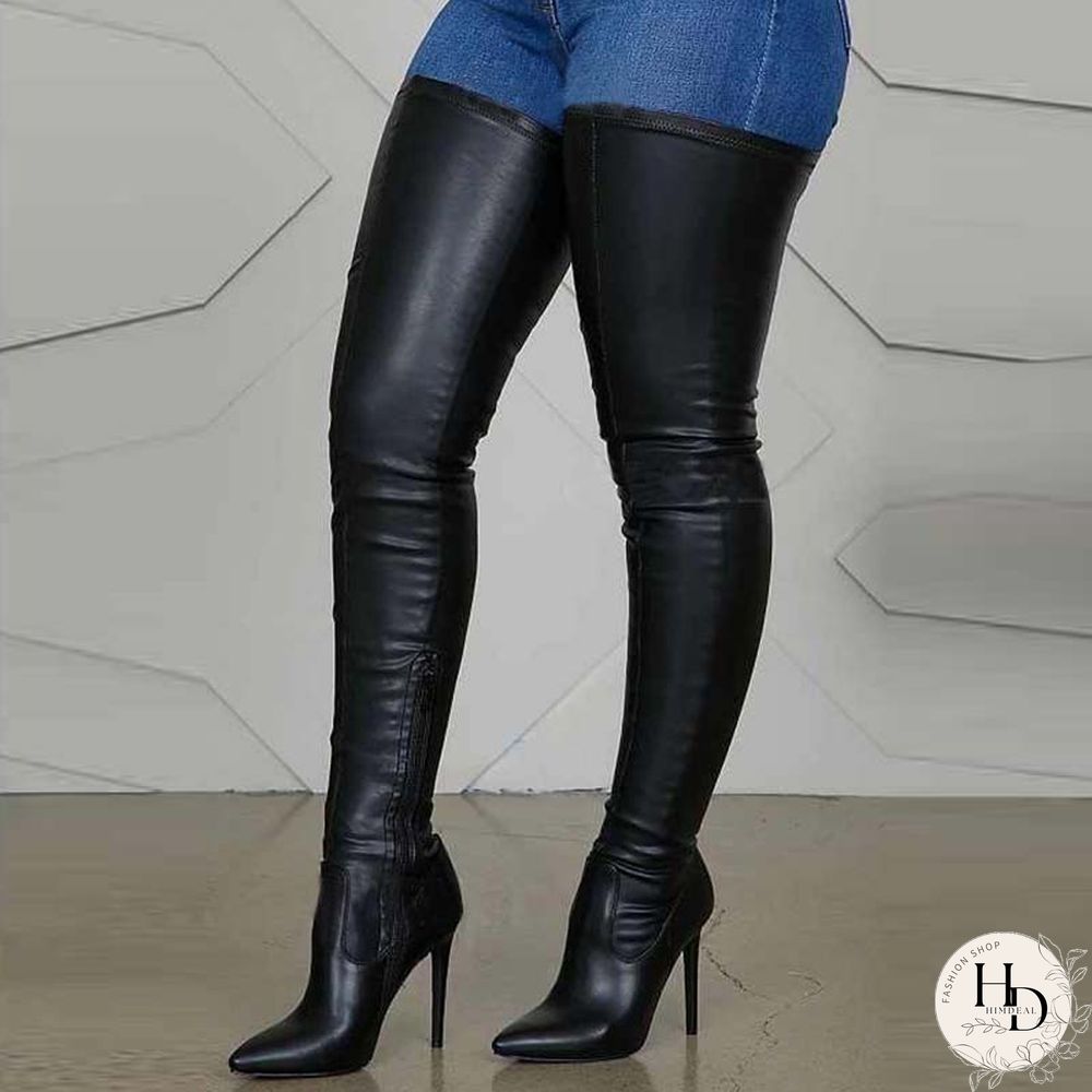 Black Fashion Solid Color Pointed Stiletto High Boots