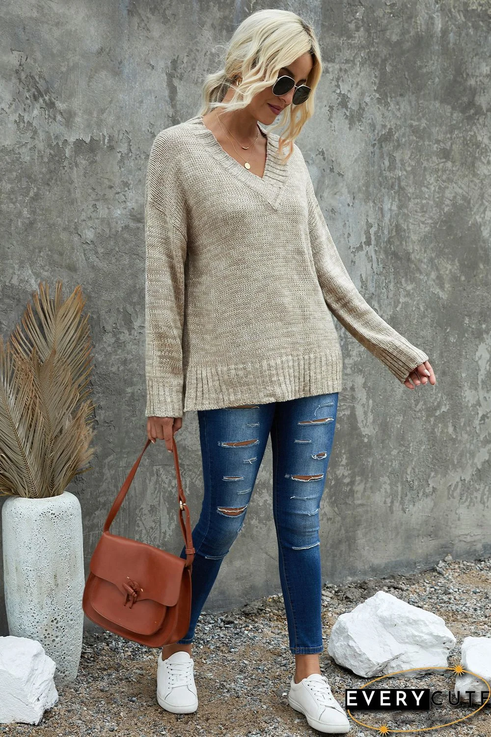 Khaki V neck Drop Shoulder Knitted Sweater