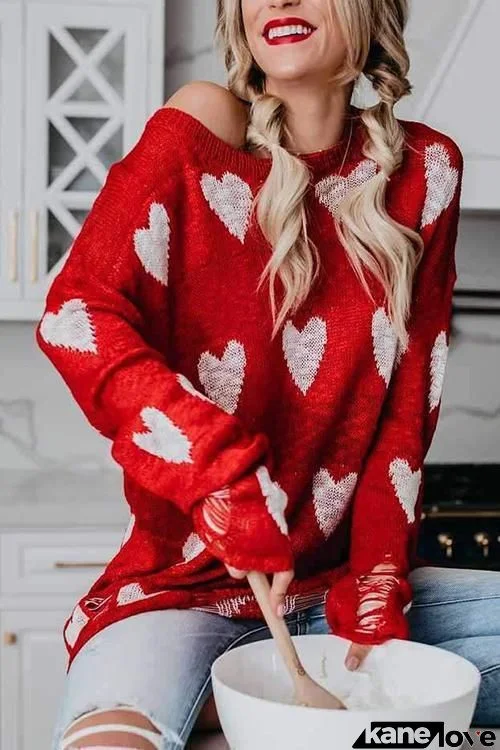 Heart Print Off Shoulder Sweater