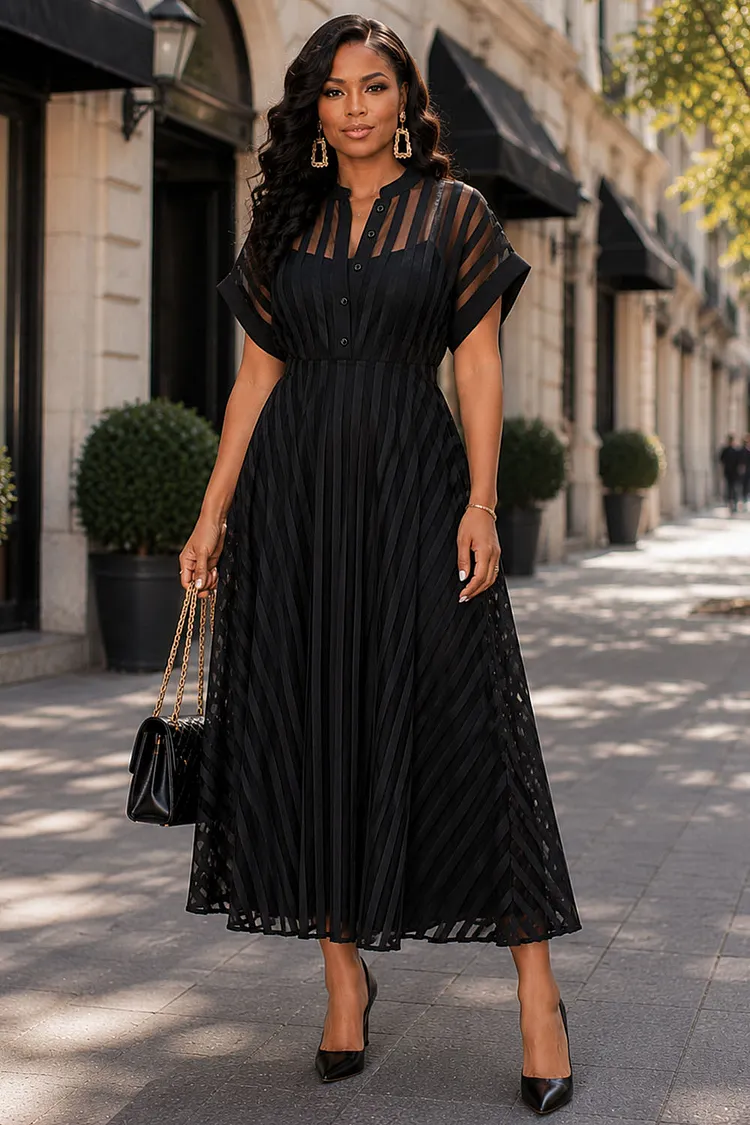 Xpluswear Design Plus Size Business Casual Black Shirt Collar Short Sleeve See Through Button Midi Dresses [Pre-Order] 2024 - Xpluswear